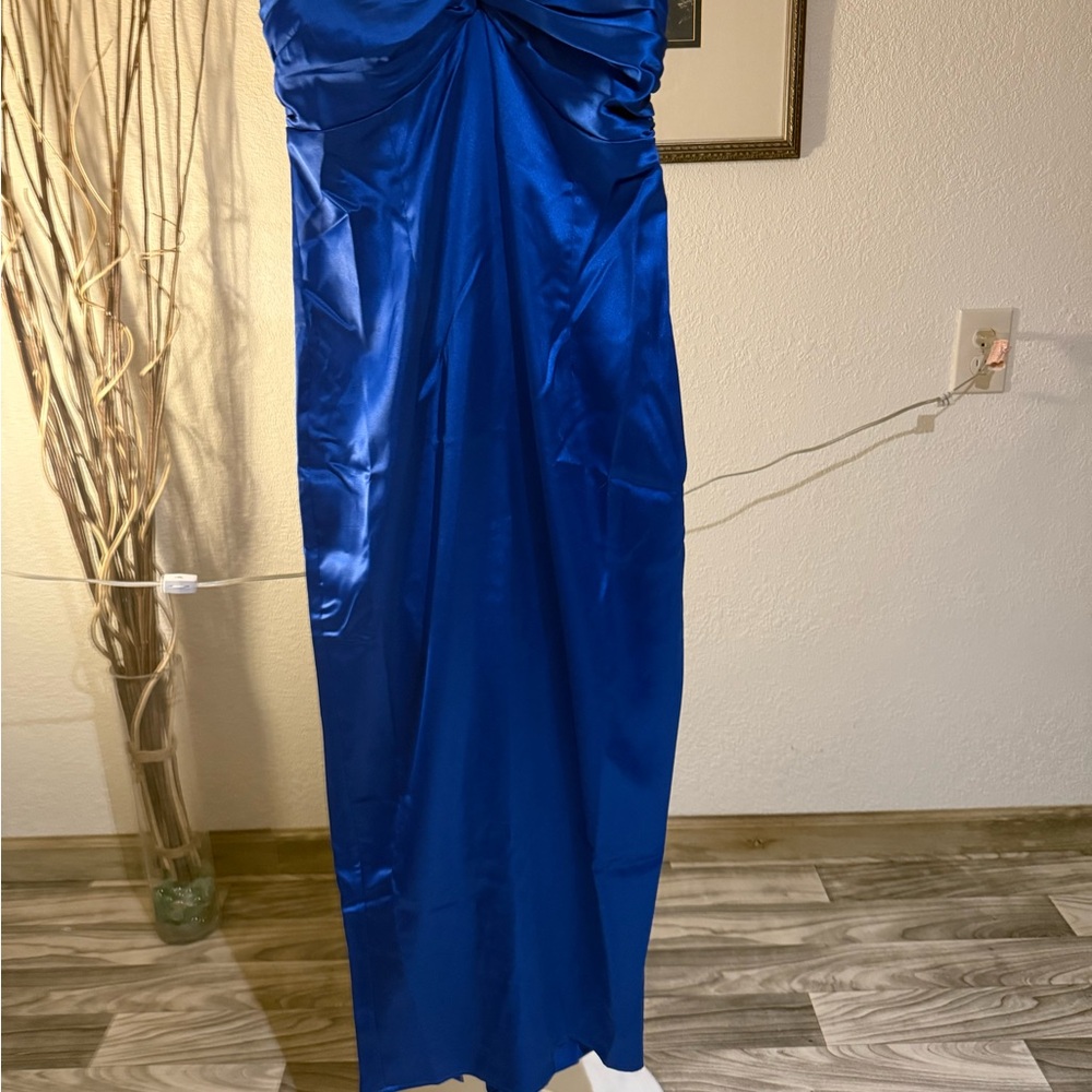 By Together Vibrant Blue Satin Strapless Midi Dress